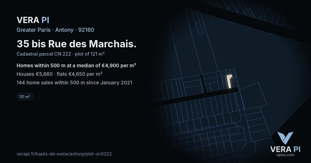 35 bis Rue des Marchais, Antony at night – the plot lit, the parcels around coloured by the prices near them