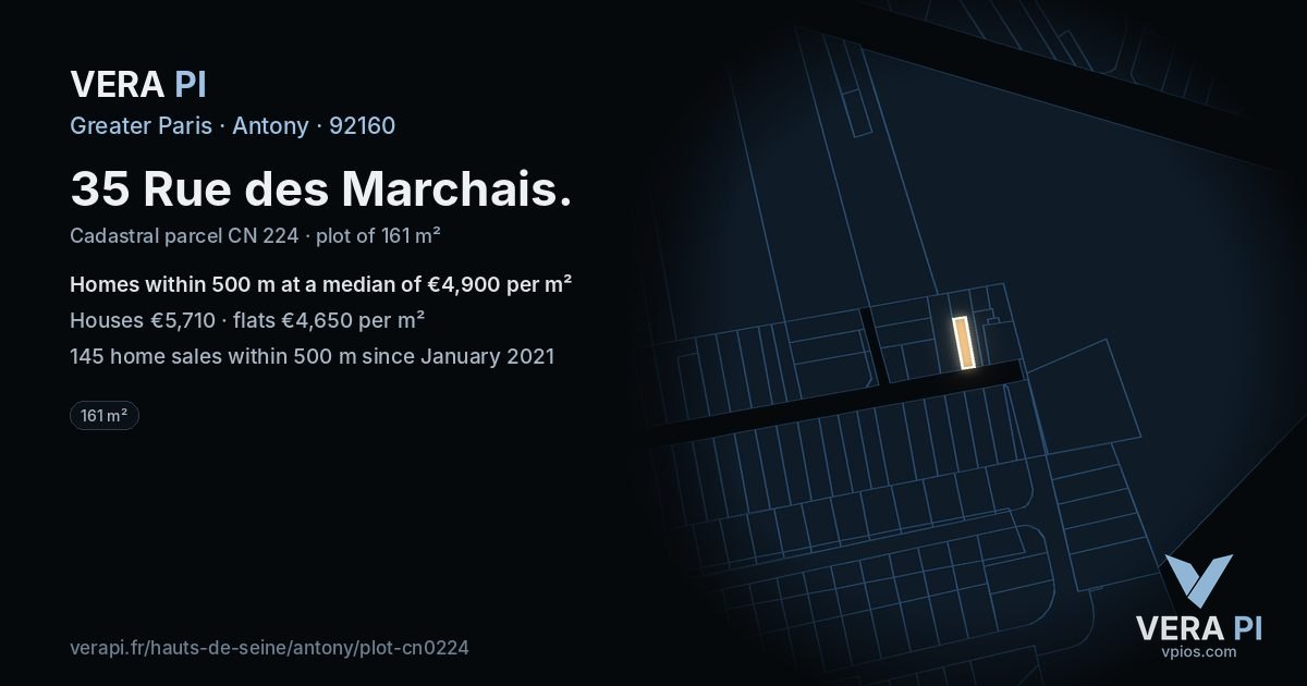 35 Rue des Marchais, Antony at night – the plot lit, the parcels around coloured by the prices near them