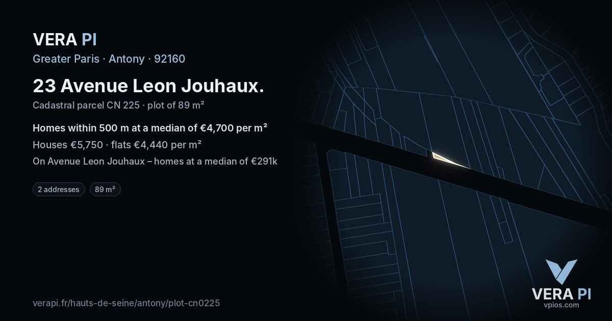 23 Avenue Leon Jouhaux, Antony at night – the plot lit, the parcels around coloured by the prices near them