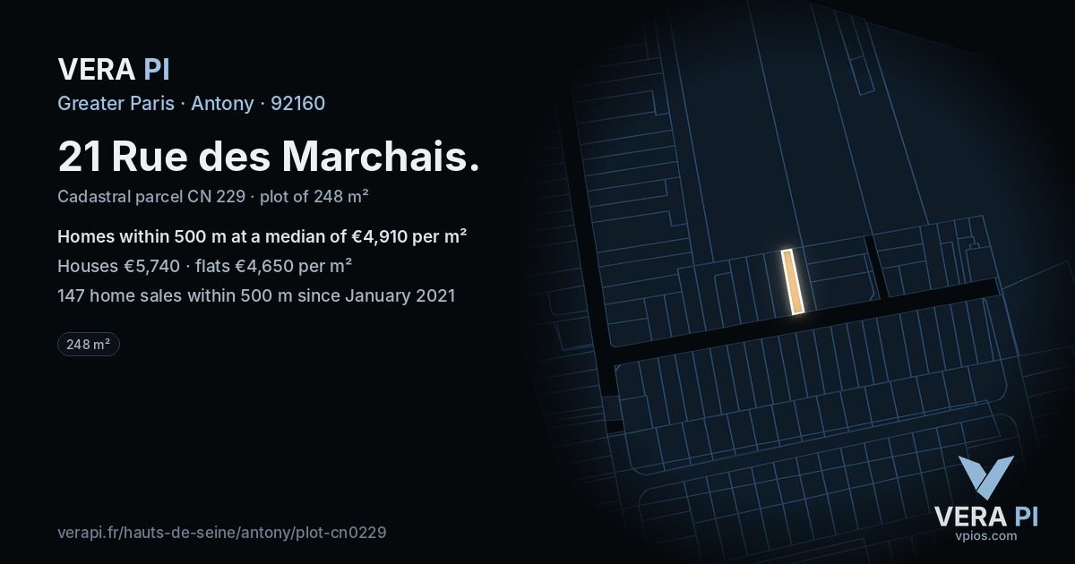 21 Rue des Marchais, Antony at night – the plot lit, the parcels around coloured by the prices near them