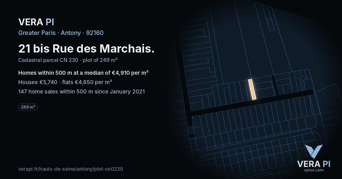 21 bis Rue des Marchais, Antony at night – the plot lit, the parcels around coloured by the prices near them