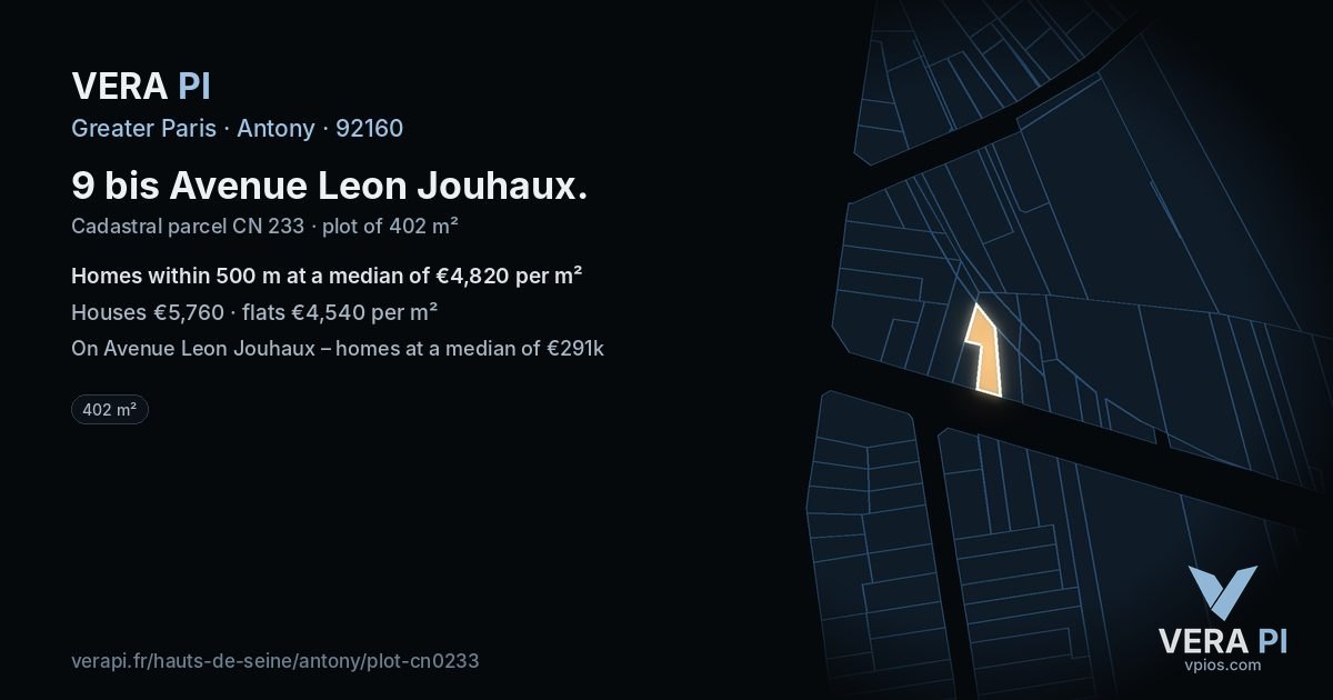 9 bis Avenue Leon Jouhaux, Antony at night – the plot lit, the parcels around coloured by the prices near them