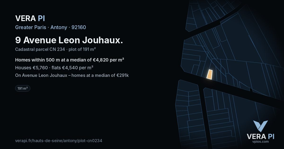 9 Avenue Leon Jouhaux, Antony at night – the plot lit, the parcels around coloured by the prices near them