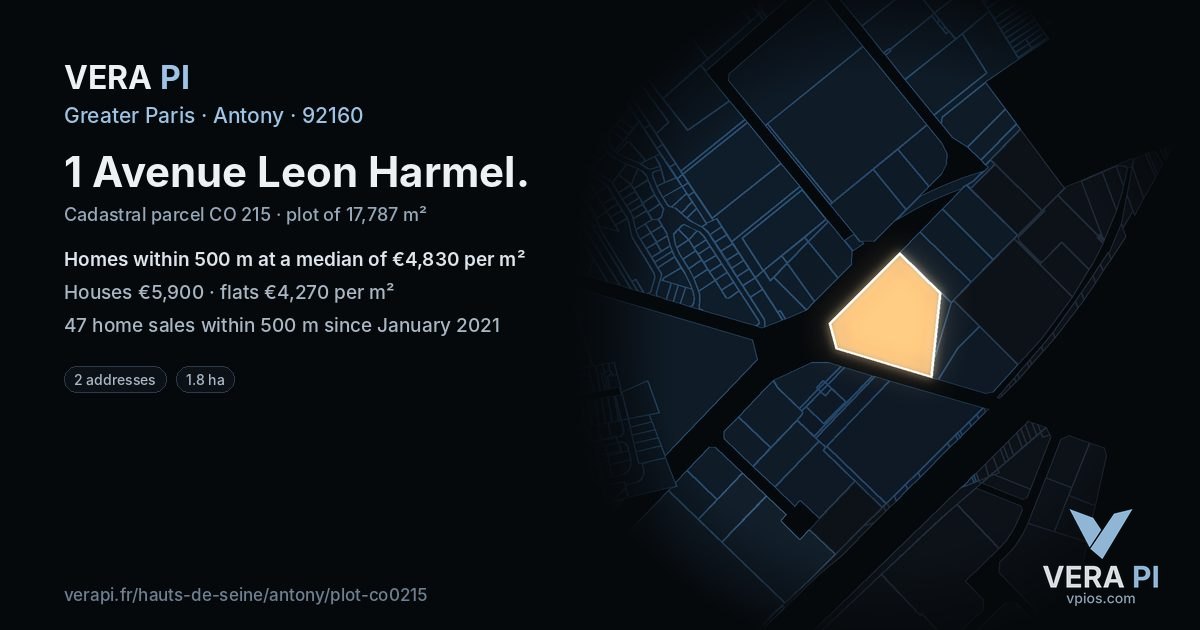 1 Avenue Leon Harmel, Antony at night – the plot lit, the parcels around coloured by the prices near them