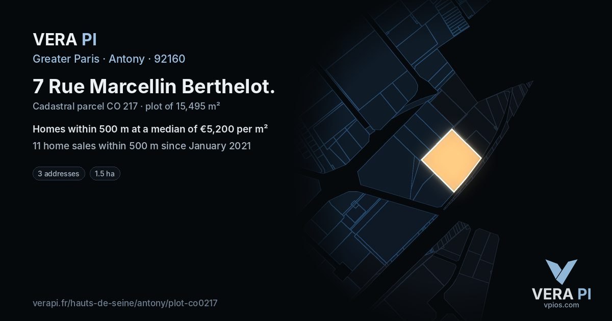 7 Rue Marcellin Berthelot, Antony at night – the plot lit, the parcels around coloured by the prices near them