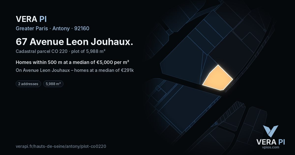 67 Avenue Leon Jouhaux, Antony at night – the plot lit, the parcels around coloured by the prices near them