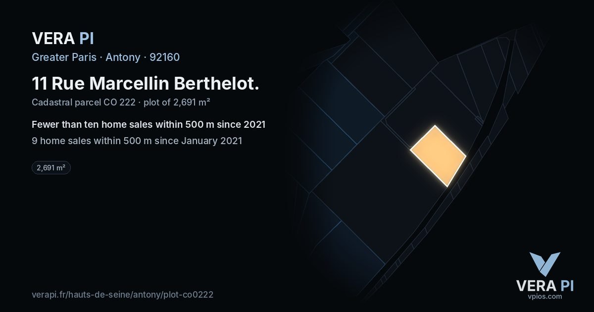 11 Rue Marcellin Berthelot, Antony at night – the plot lit, the parcels around coloured by the prices near them