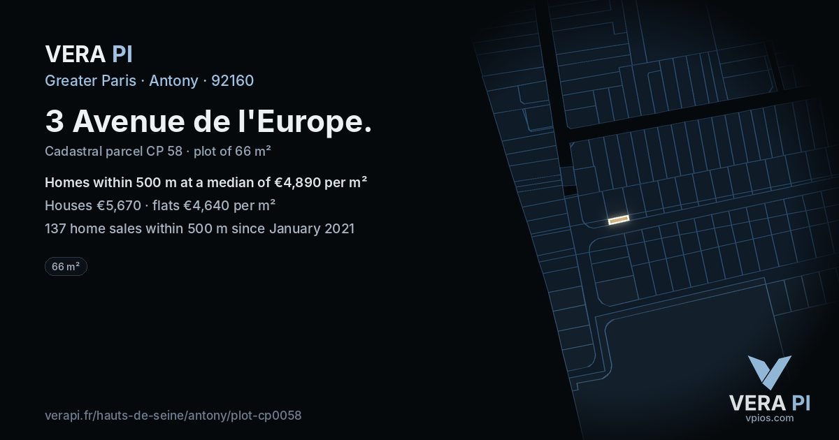 3 Avenue de l'Europe, Antony at night – the plot lit, the parcels around coloured by the prices near them