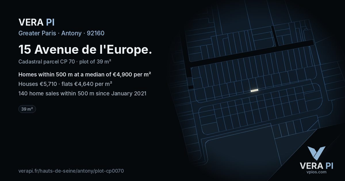 15 Avenue de l'Europe, Antony at night – the plot lit, the parcels around coloured by the prices near them