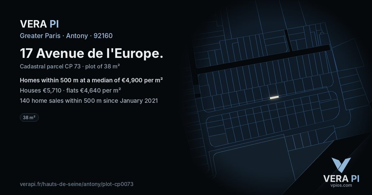 17 Avenue de l'Europe, Antony at night – the plot lit, the parcels around coloured by the prices near them