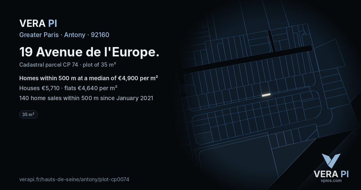 19 Avenue de l'Europe, Antony at night – the plot lit, the parcels around coloured by the prices near them