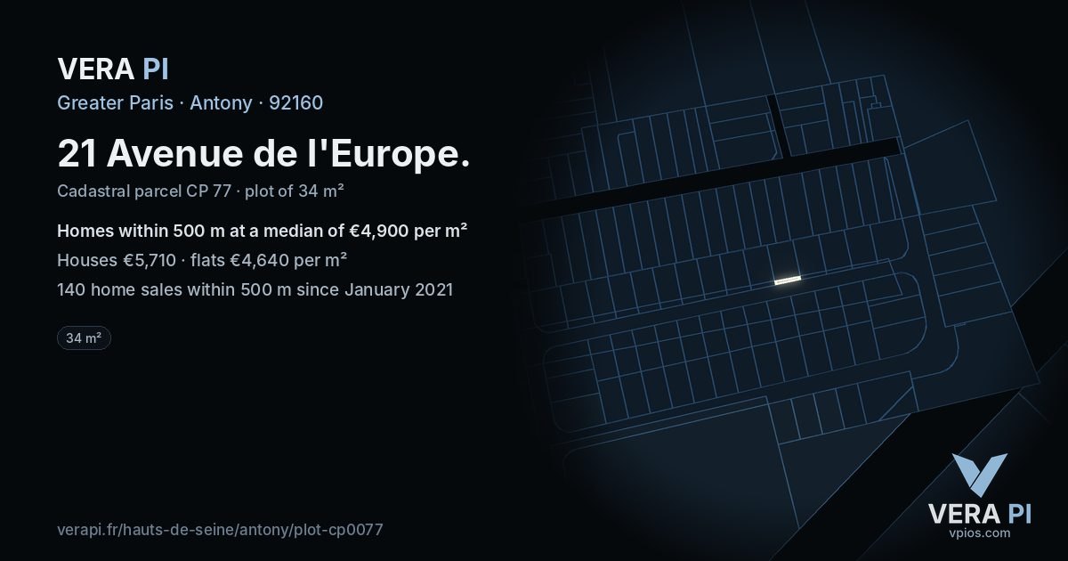 21 Avenue de l'Europe, Antony at night – the plot lit, the parcels around coloured by the prices near them