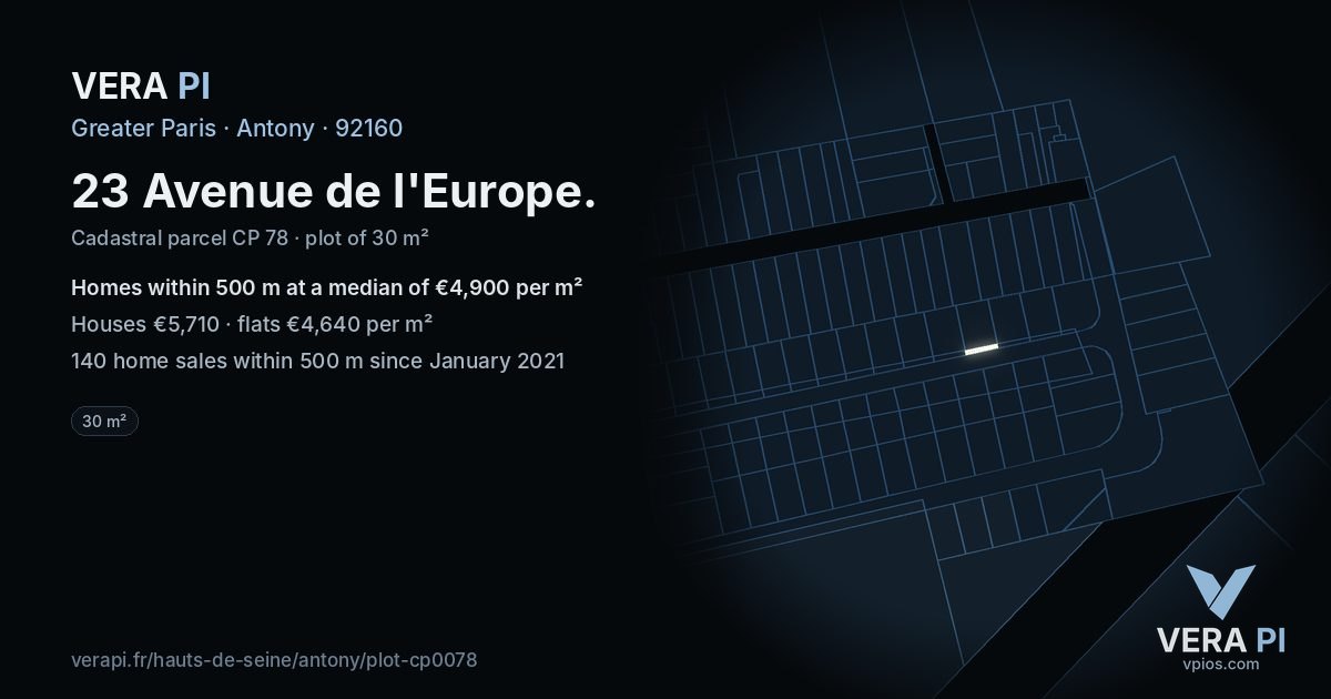 23 Avenue de l'Europe, Antony at night – the plot lit, the parcels around coloured by the prices near them