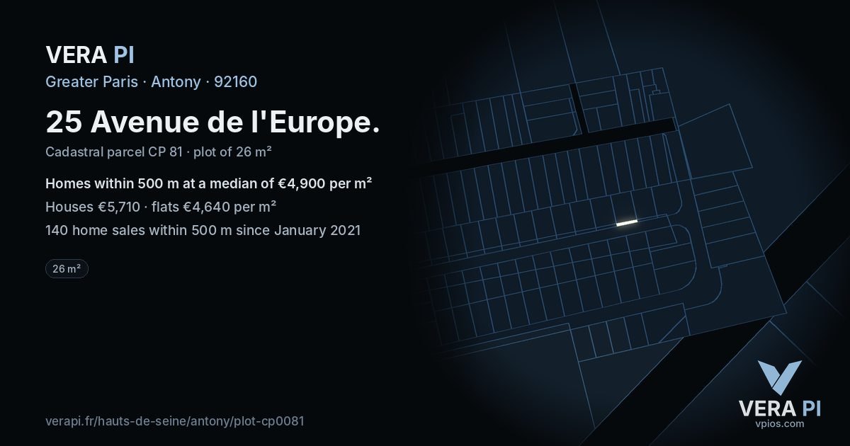 25 Avenue de l'Europe, Antony at night – the plot lit, the parcels around coloured by the prices near them