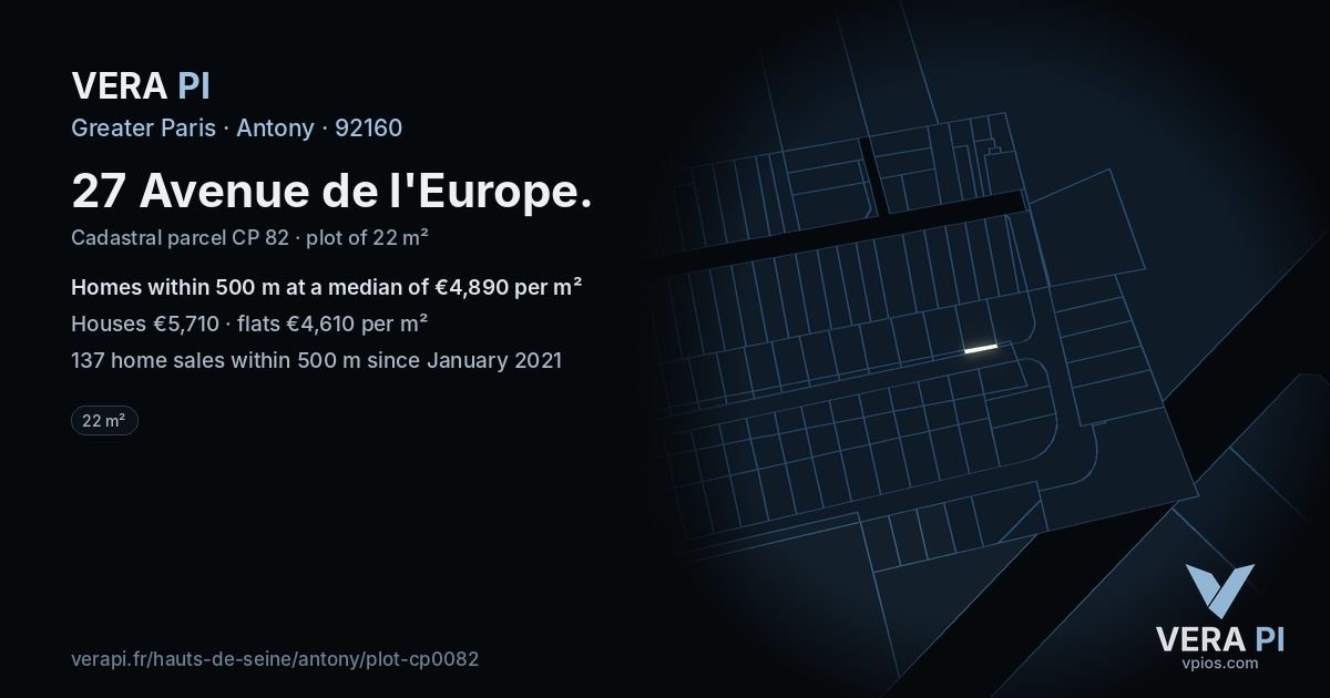 27 Avenue de l'Europe, Antony at night – the plot lit, the parcels around coloured by the prices near them