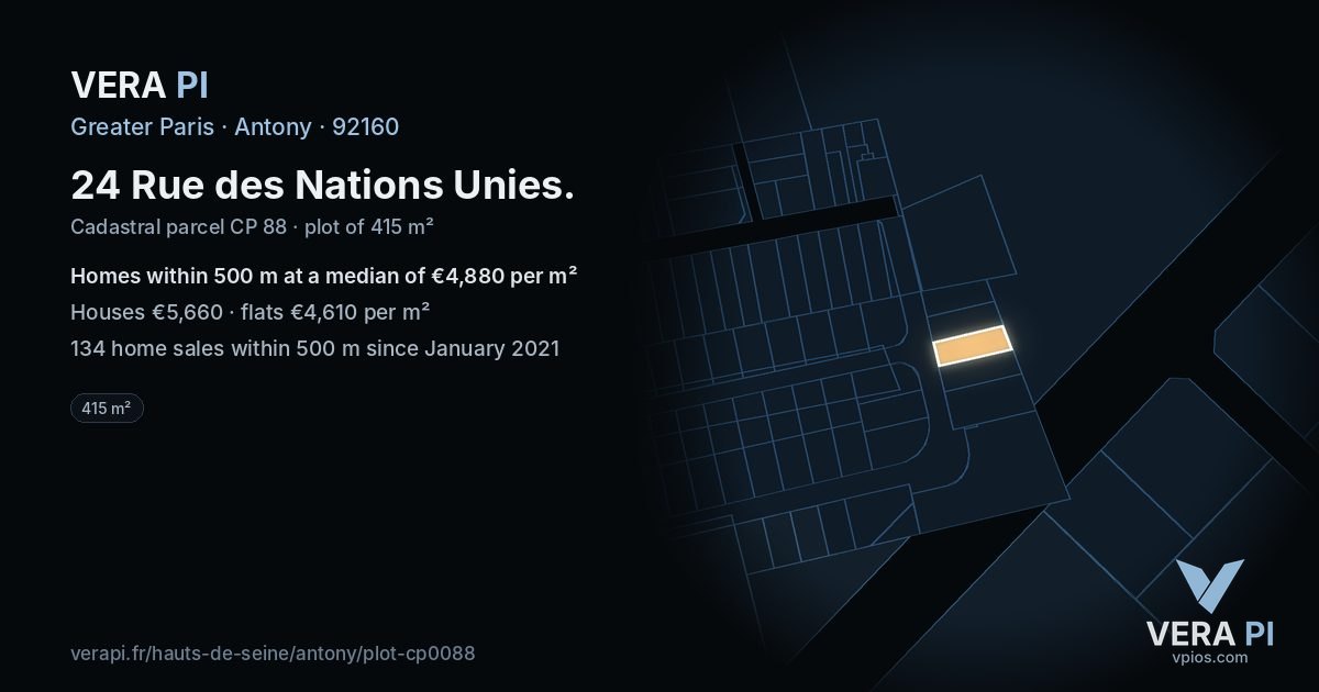 24 Rue des Nations Unies, Antony at night – the plot lit, the parcels around coloured by the prices near them