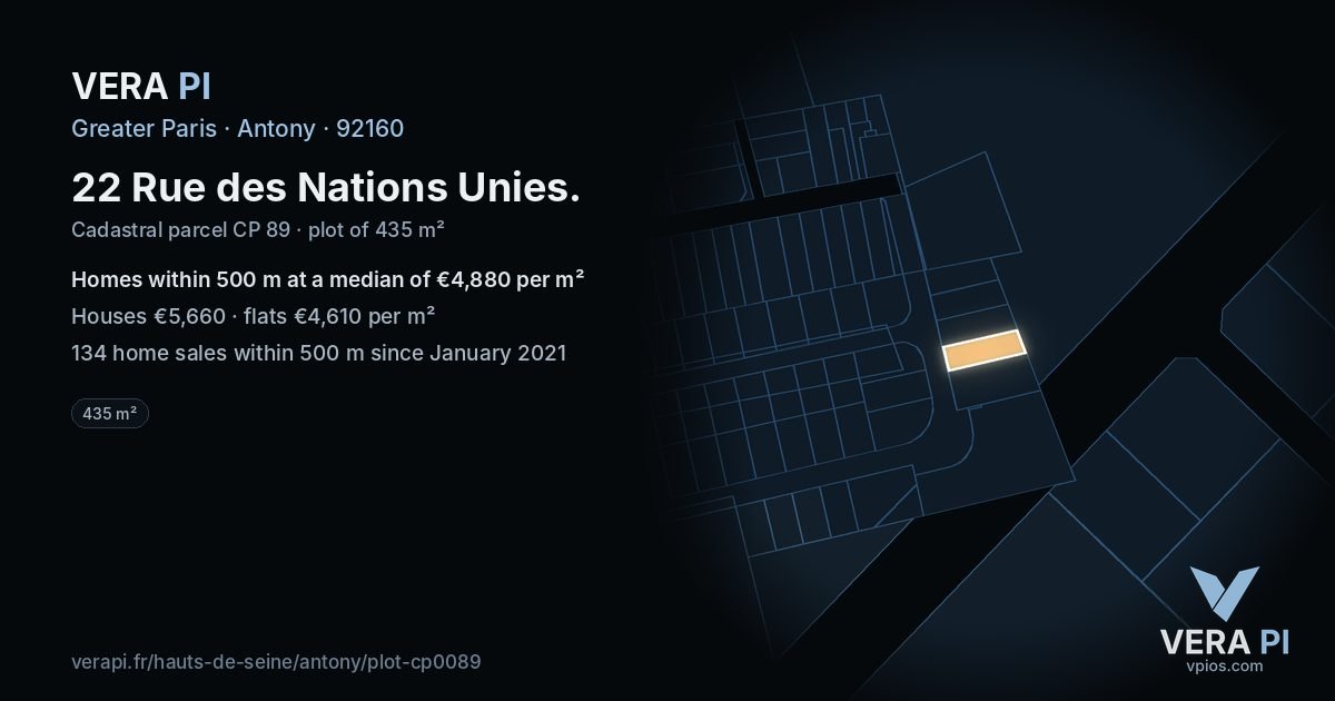 22 Rue des Nations Unies, Antony at night – the plot lit, the parcels around coloured by the prices near them