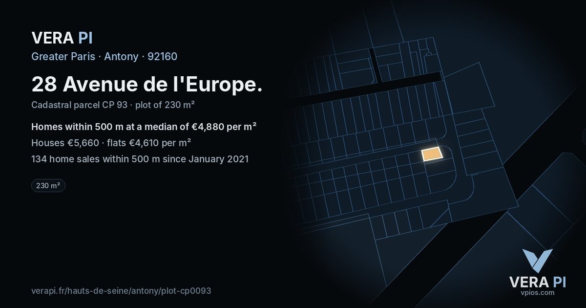 28 Avenue de l'Europe, Antony at night – the plot lit, the parcels around coloured by the prices near them
