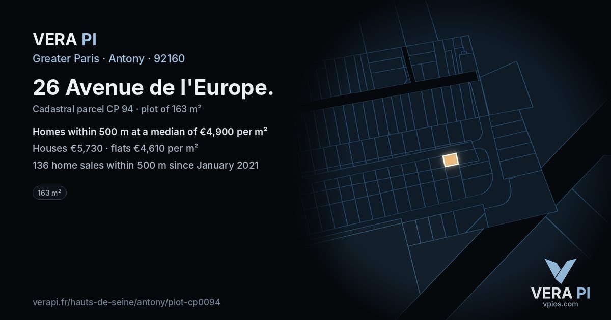 26 Avenue de l'Europe, Antony at night – the plot lit, the parcels around coloured by the prices near them