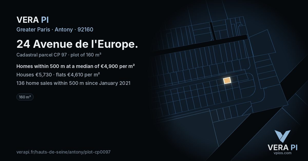 24 Avenue de l'Europe, Antony at night – the plot lit, the parcels around coloured by the prices near them