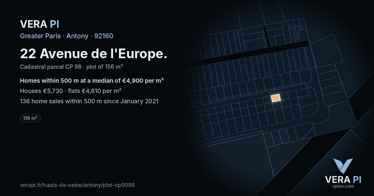 22 Avenue de l'Europe, Antony at night – the plot lit, the parcels around coloured by the prices near them