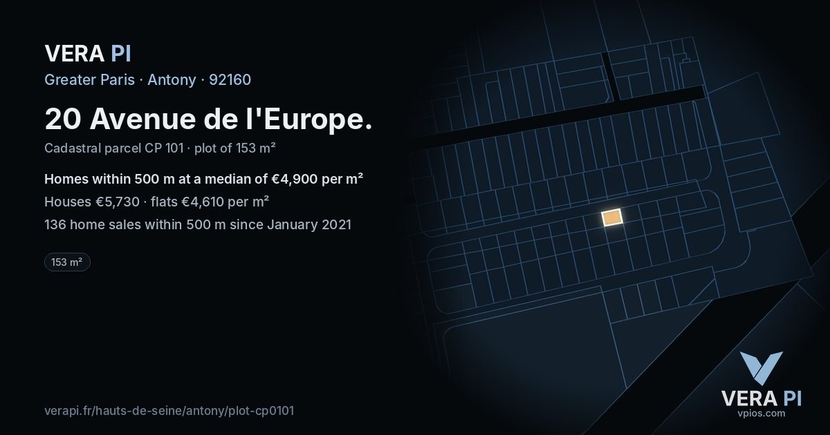 20 Avenue de l'Europe, Antony at night – the plot lit, the parcels around coloured by the prices near them