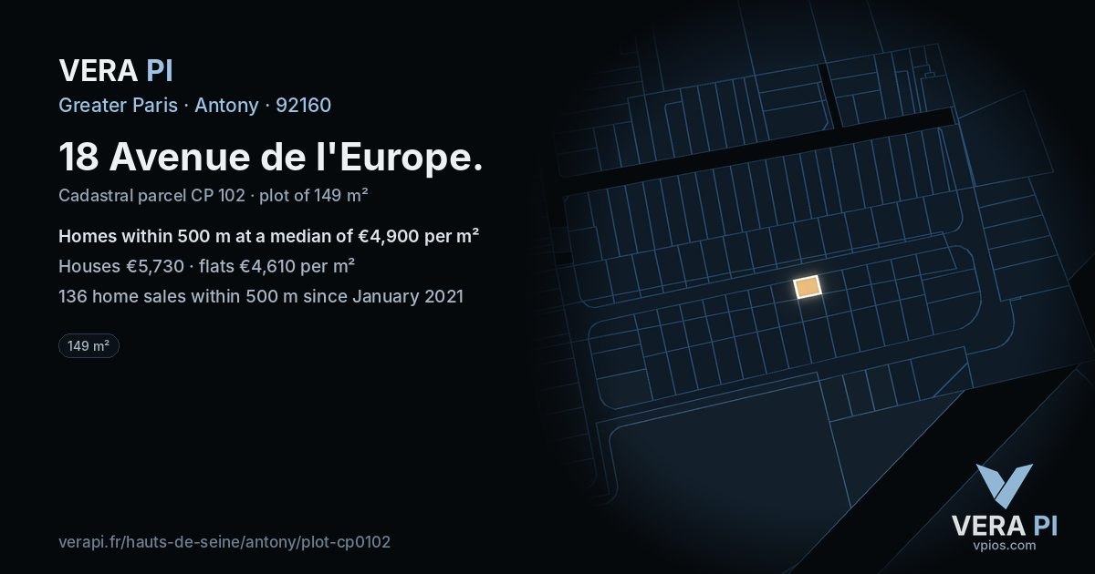 18 Avenue de l'Europe, Antony at night – the plot lit, the parcels around coloured by the prices near them