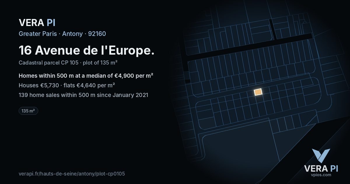 16 Avenue de l'Europe, Antony at night – the plot lit, the parcels around coloured by the prices near them