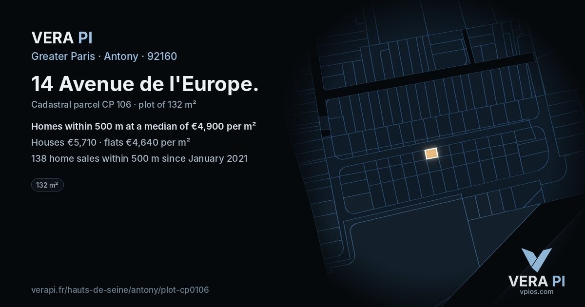 14 Avenue de l'Europe, Antony at night – the plot lit, the parcels around coloured by the prices near them