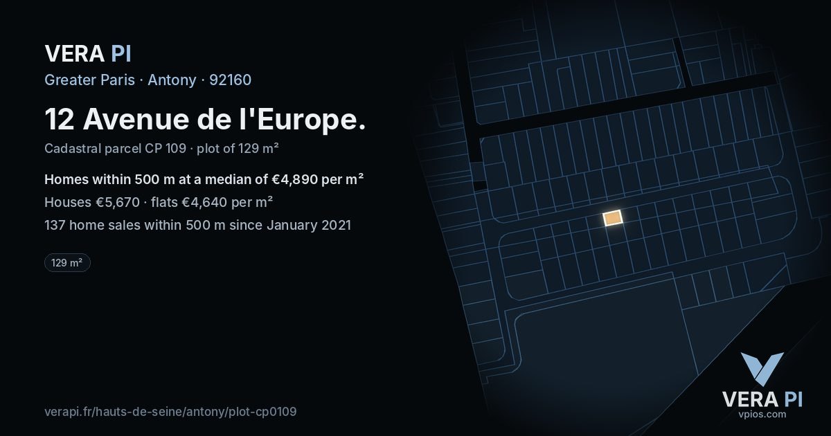 12 Avenue de l'Europe, Antony at night – the plot lit, the parcels around coloured by the prices near them