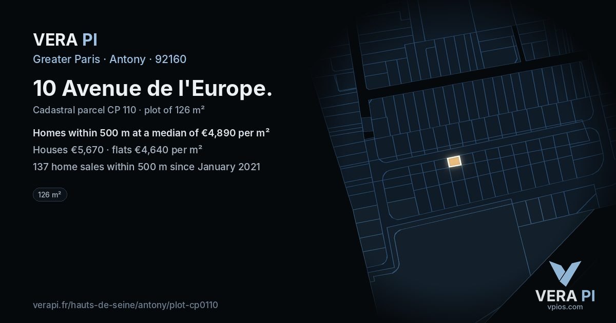 10 Avenue de l'Europe, Antony at night – the plot lit, the parcels around coloured by the prices near them