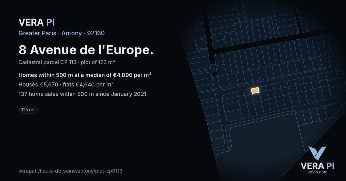 8 Avenue de l'Europe, Antony at night – the plot lit, the parcels around coloured by the prices near them