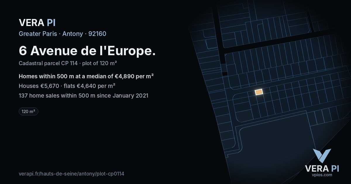 6 Avenue de l'Europe, Antony at night – the plot lit, the parcels around coloured by the prices near them