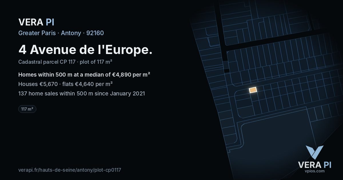 4 Avenue de l'Europe, Antony at night – the plot lit, the parcels around coloured by the prices near them