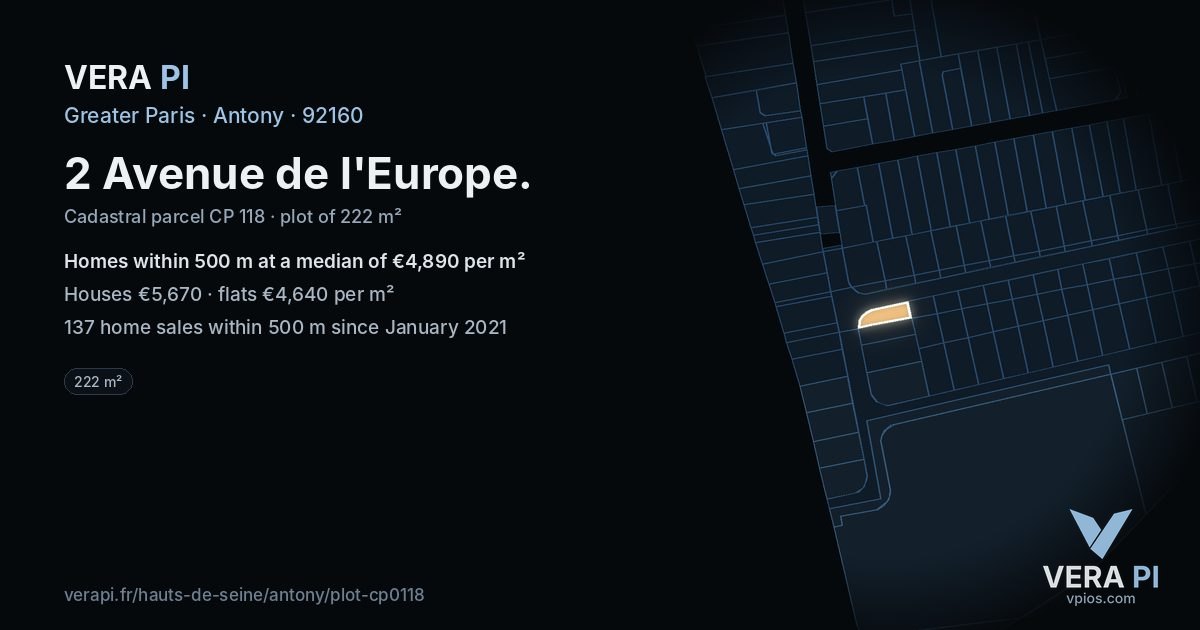 2 Avenue de l'Europe, Antony at night – the plot lit, the parcels around coloured by the prices near them