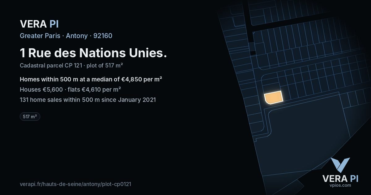 1 Rue des Nations Unies, Antony at night – the plot lit, the parcels around coloured by the prices near them