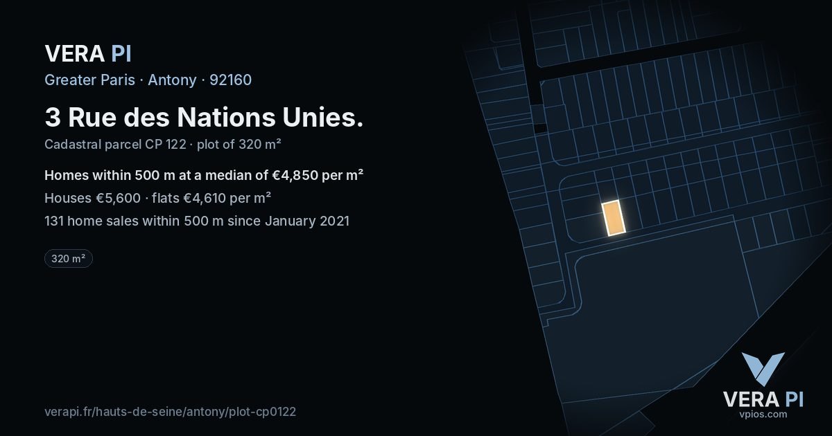 3 Rue des Nations Unies, Antony at night – the plot lit, the parcels around coloured by the prices near them