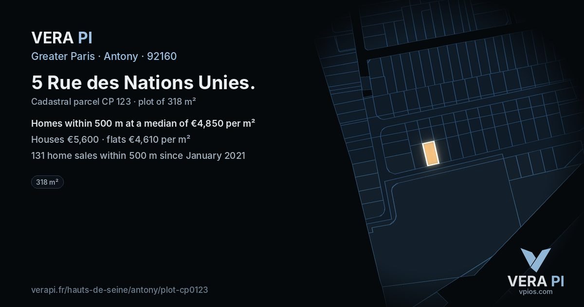 5 Rue des Nations Unies, Antony at night – the plot lit, the parcels around coloured by the prices near them