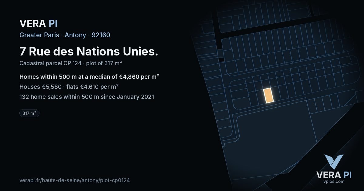 7 Rue des Nations Unies, Antony at night – the plot lit, the parcels around coloured by the prices near them