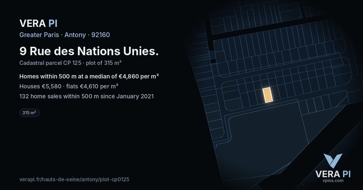 9 Rue des Nations Unies, Antony at night – the plot lit, the parcels around coloured by the prices near them