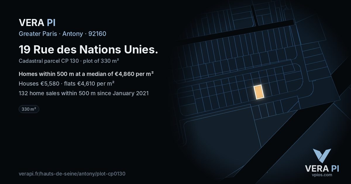19 Rue des Nations Unies, Antony at night – the plot lit, the parcels around coloured by the prices near them