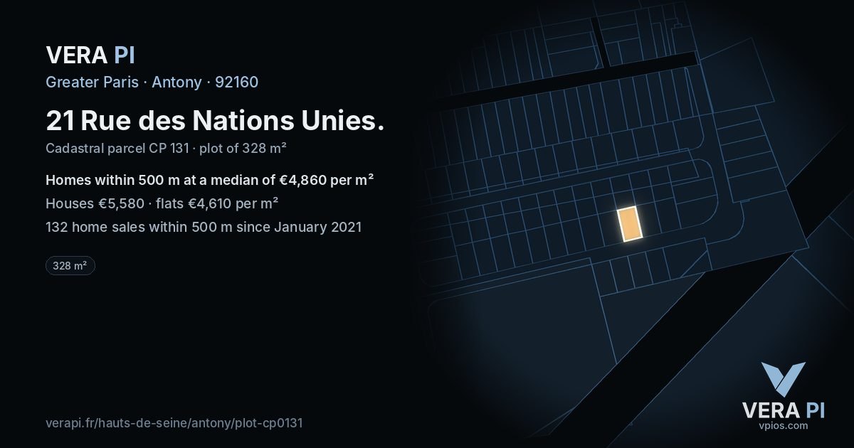 21 Rue des Nations Unies, Antony at night – the plot lit, the parcels around coloured by the prices near them