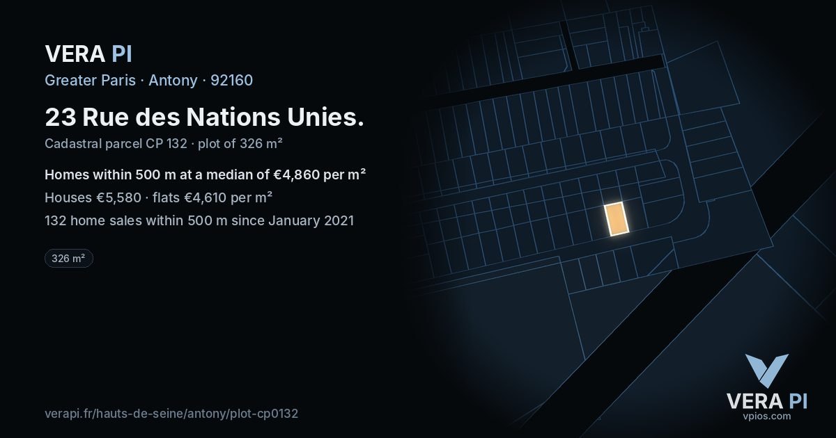 23 Rue des Nations Unies, Antony at night – the plot lit, the parcels around coloured by the prices near them