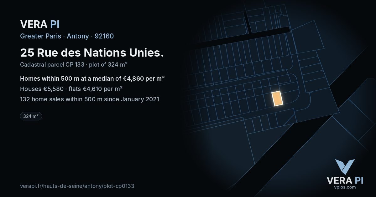 25 Rue des Nations Unies, Antony at night – the plot lit, the parcels around coloured by the prices near them
