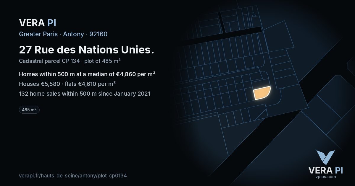 27 Rue des Nations Unies, Antony at night – the plot lit, the parcels around coloured by the prices near them