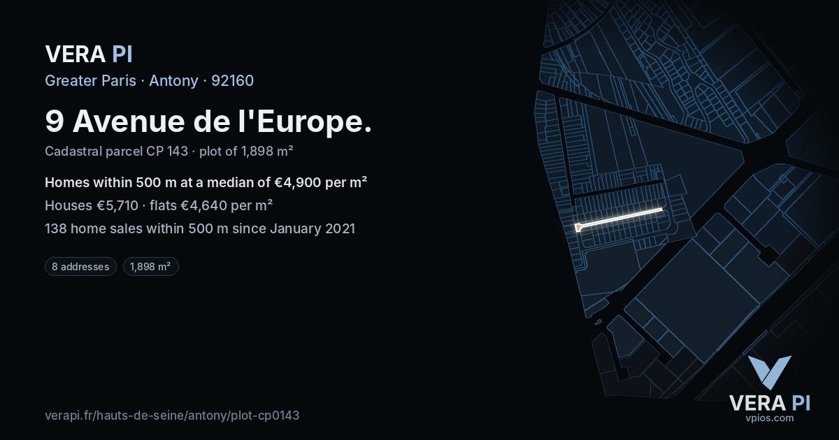 9 Avenue de l'Europe, Antony at night – the plot lit, the parcels around coloured by the prices near them