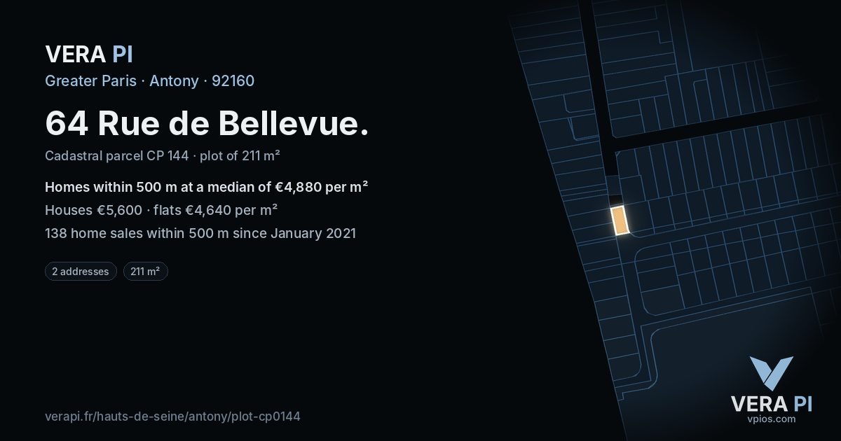 64 Rue de Bellevue, Antony at night – the plot lit, the parcels around coloured by the prices near them