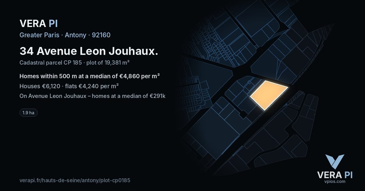 34 Avenue Leon Jouhaux, Antony at night – the plot lit, the parcels around coloured by the prices near them