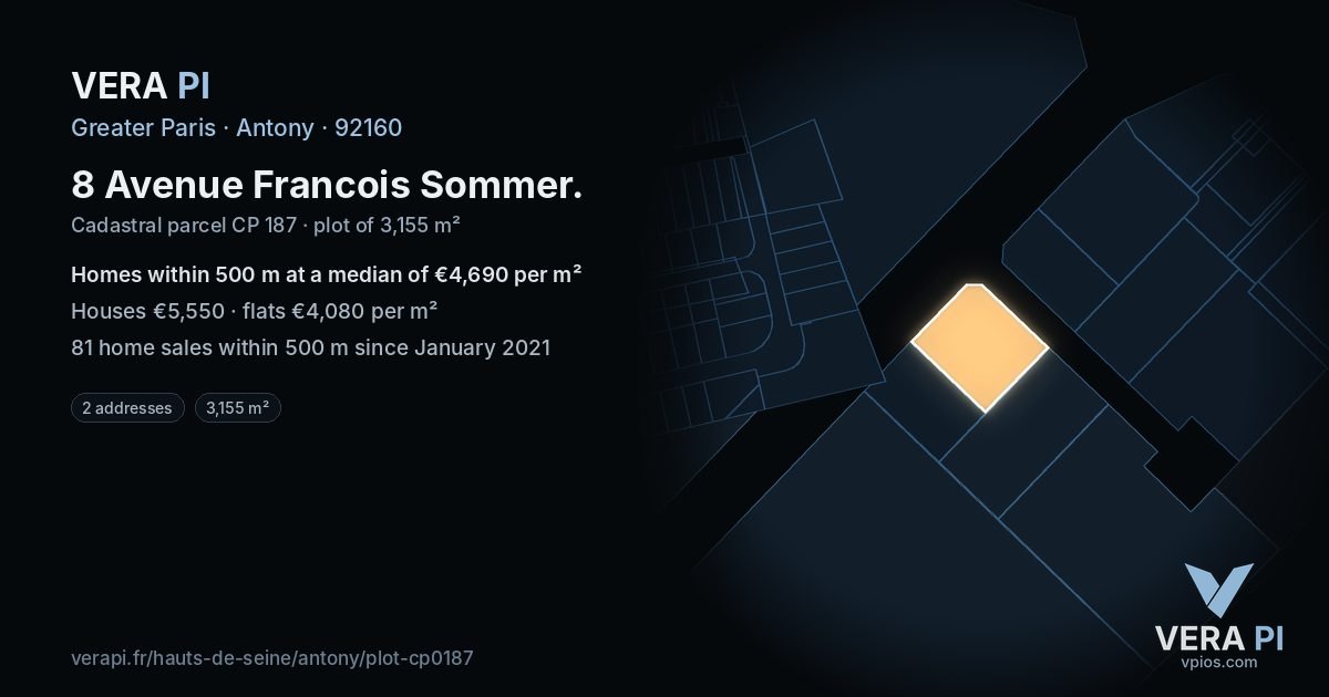 8 Avenue Francois Sommer, Antony at night – the plot lit, the parcels around coloured by the prices near them