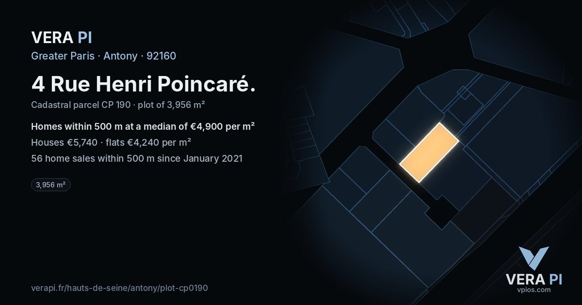 4 Rue Henri Poincaré, Antony at night – the plot lit, the parcels around coloured by the prices near them
